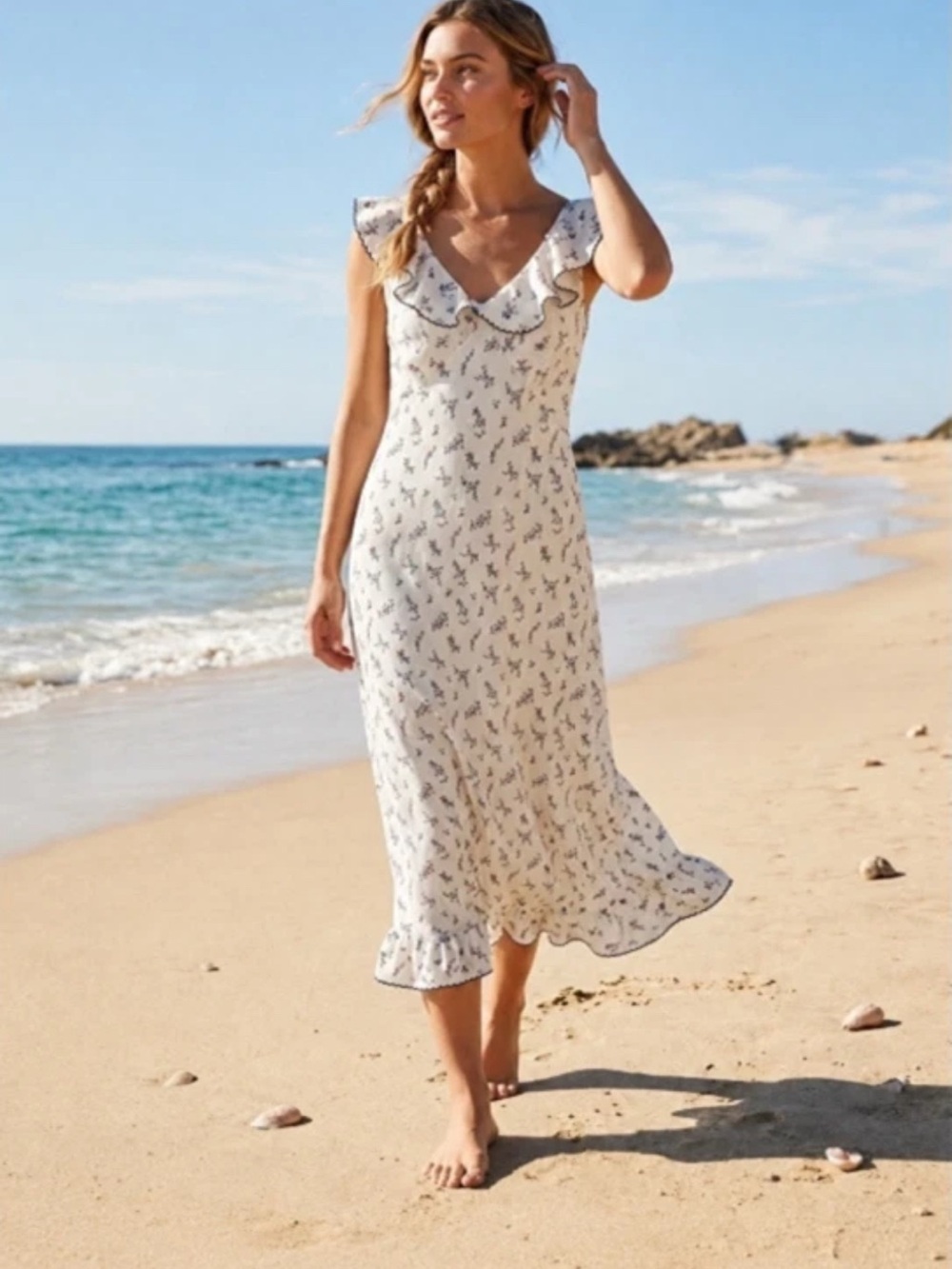 NWT Caroline Constas White Maxi Dress w/ Navy Floral embroidery silky ruffles - Picture 3 of 10